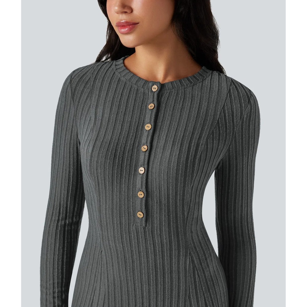 Nwt halara M gray ribbed Henley vacation travel church long sleeve maxi dress - Picture 2 of 5